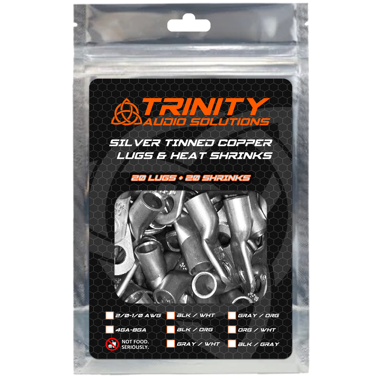Trinity Audio Solutions 20-Pack 4 AWG Ring Terminals Silver Tinned 100% OFC Copper with Custom Trinity Heat Shrinks (Copy)